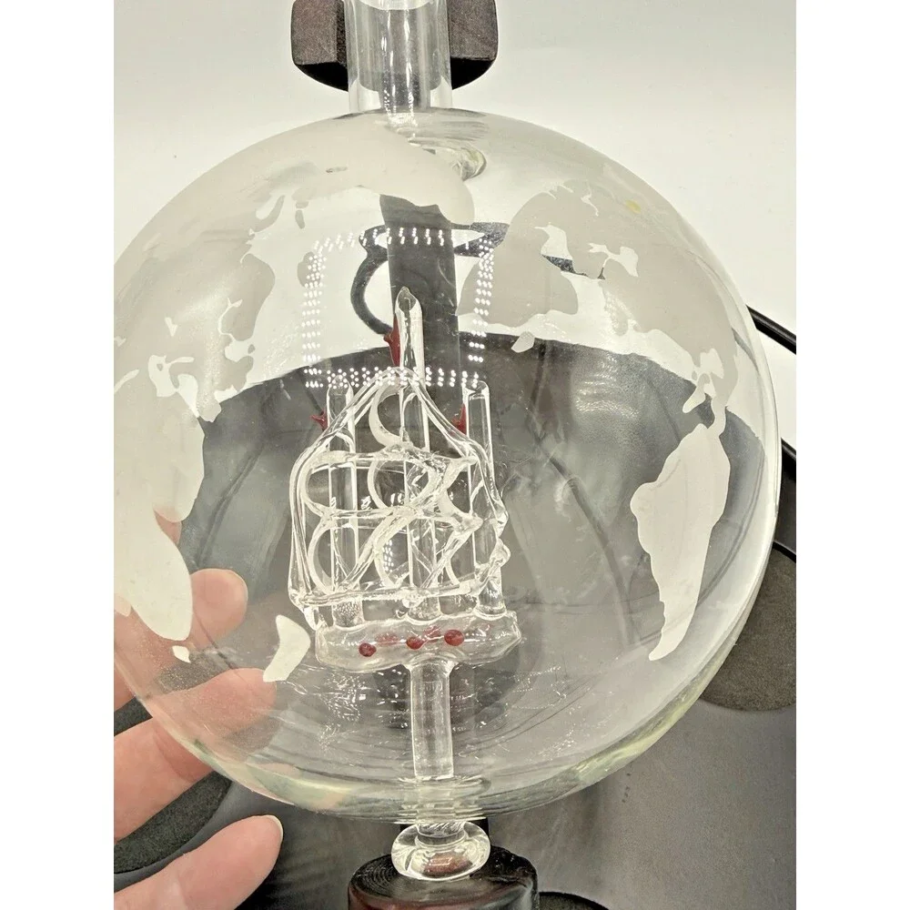 Whiskey Liquor/Wine Decanter Globe World Set Spun Glass Ship 4 Glasses/Tray